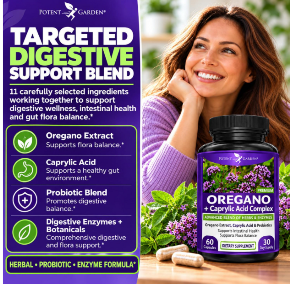 Oregano + Caprylic Acid Complex Supplement | Potent Garden