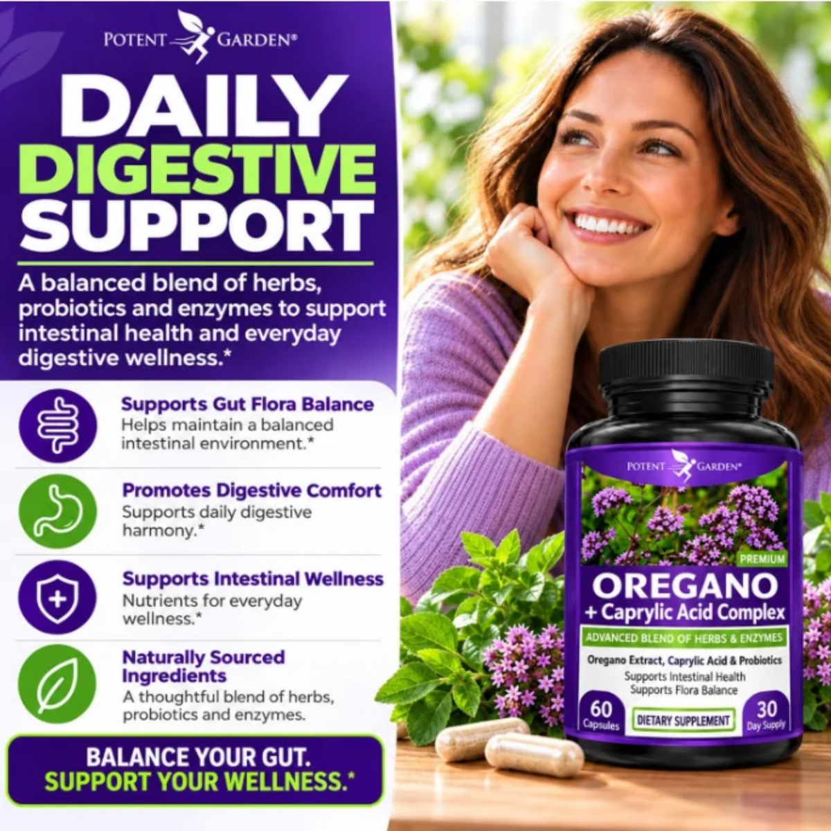 Oregano + Caprylic Acid Complex Supplement | Potent Garden