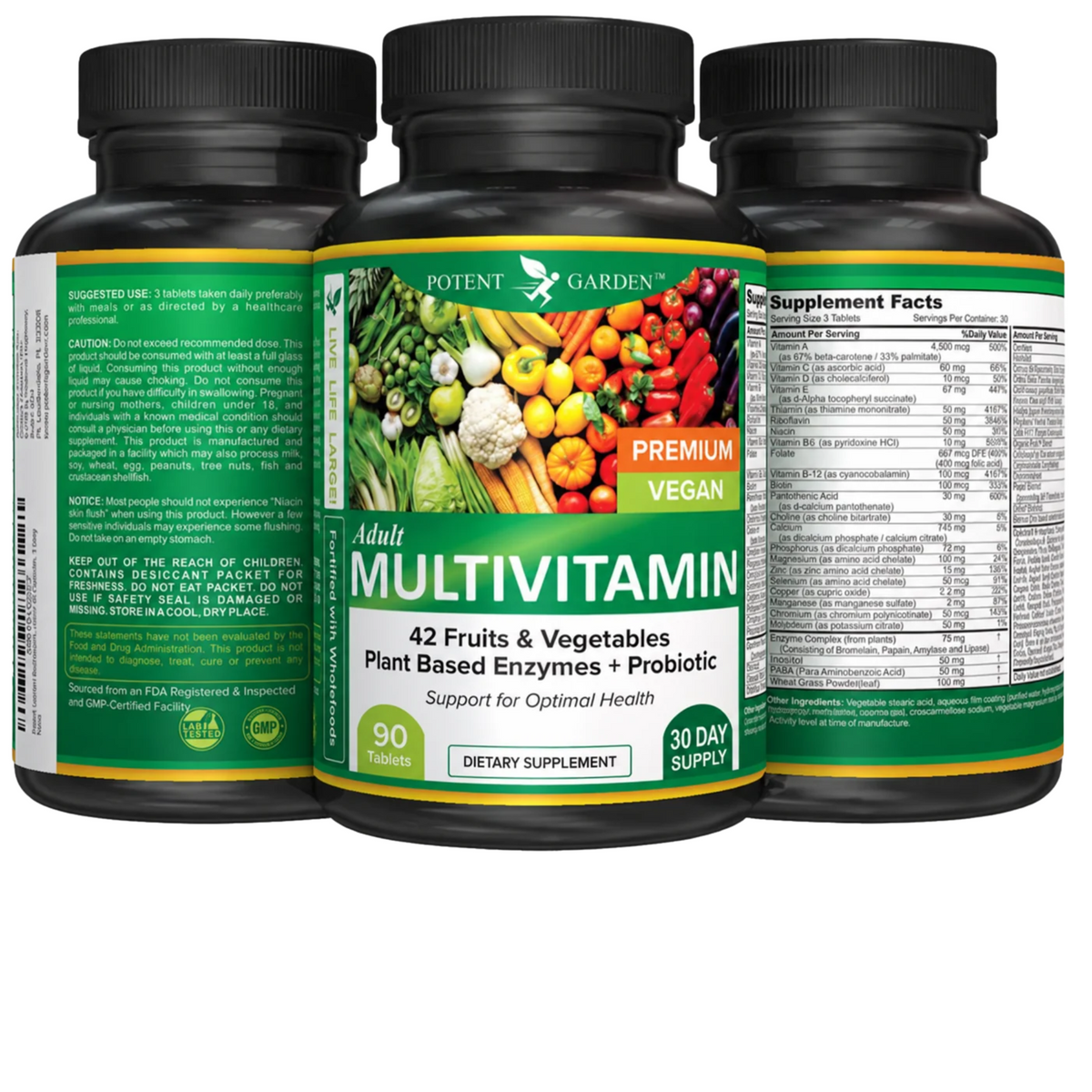 Three views of Potent Garden Adult Multivitamin bottle, 90 tablets, 30-day supply, with vitamins, minerals and whole-food ingredients