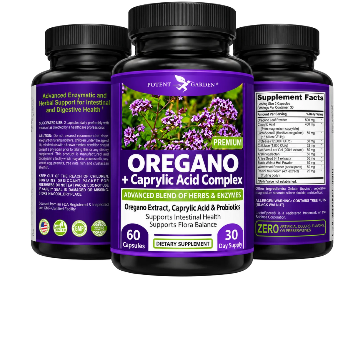 Potent Garden Oregano and Caprylic Acid Complex supplement bottles, front and Supplement Facts views